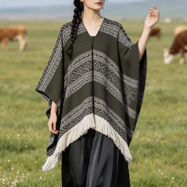 Buddha Stones Herfst/Winter Boho Geometrische Strepen Sjaal met Sjaal (groot) voor Dames - Donker olijfgroen - 150*136 - image 5