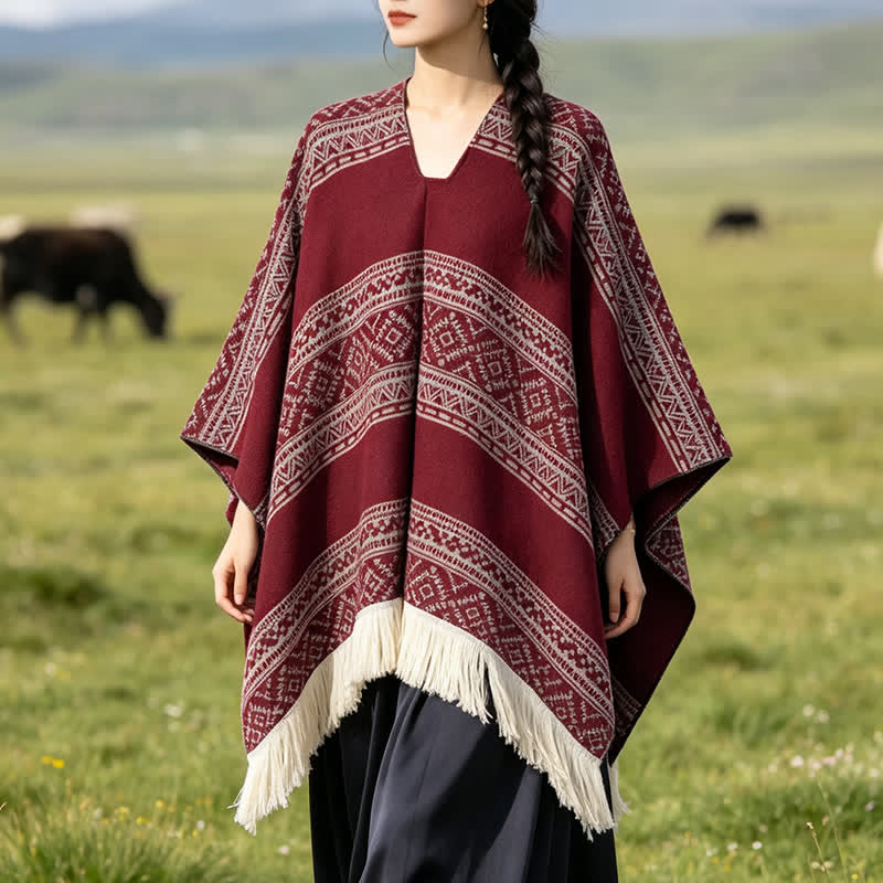 Buddha Stones Herfst/Winter Boho Geometrische Strepen Sjaal met Sjaal (groot) voor Dames - Rood - 150*136 - image 17