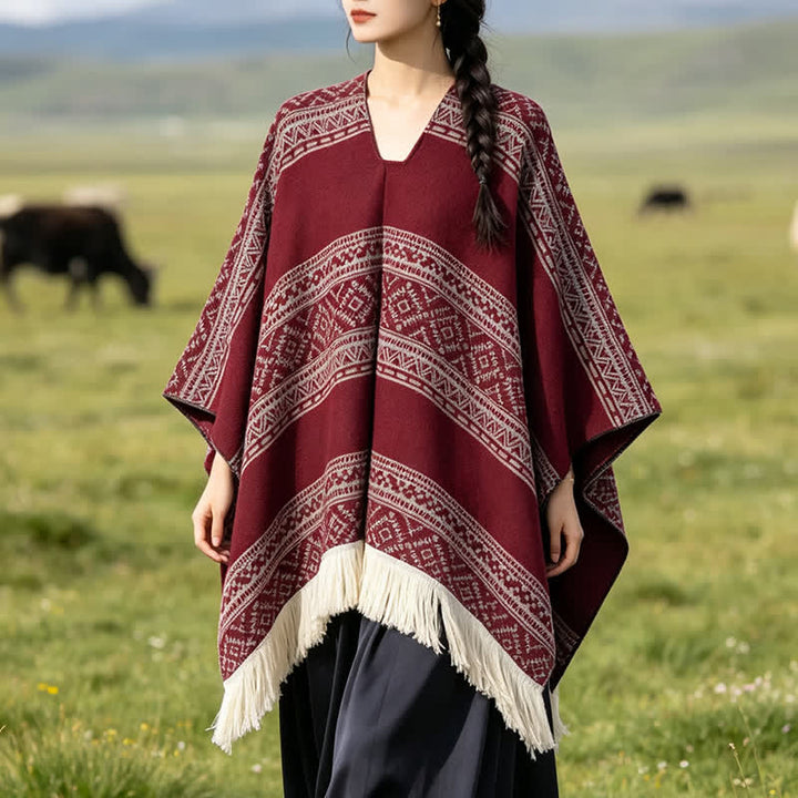 Buddha Stones Herfst/Winter Boho Geometrische Strepen Sjaal met Sjaal (groot) voor Dames - Rood - 150*136 - image 17