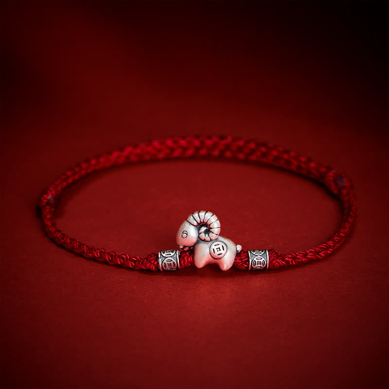 Buddha Stones Jaar van de Geit 999 Sterling Zilveren Schaap Lam Koperen Munt Armband - Donkerrood - image 0