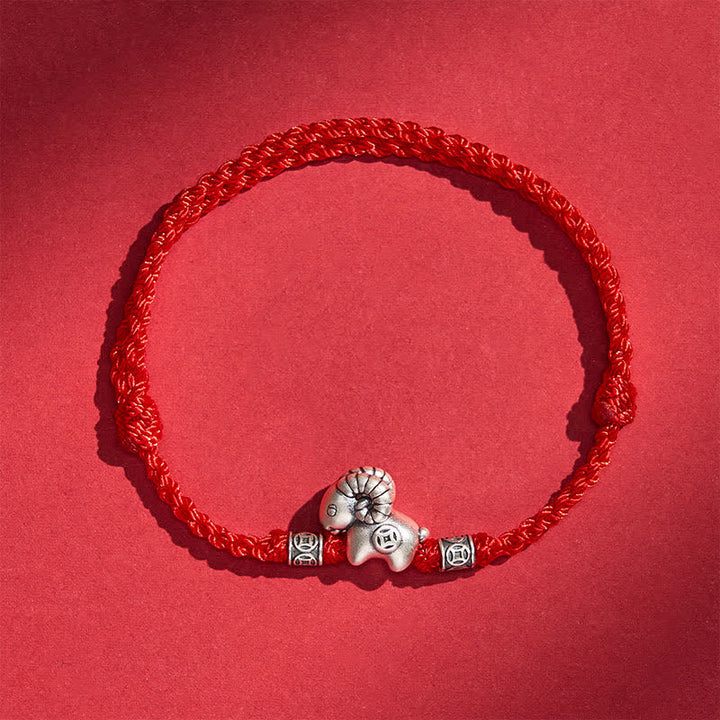Buddha Stones Jaar van de Geit 999 Sterling Zilveren Schaap Lam Koperen Munt Armband - Rood - image 7