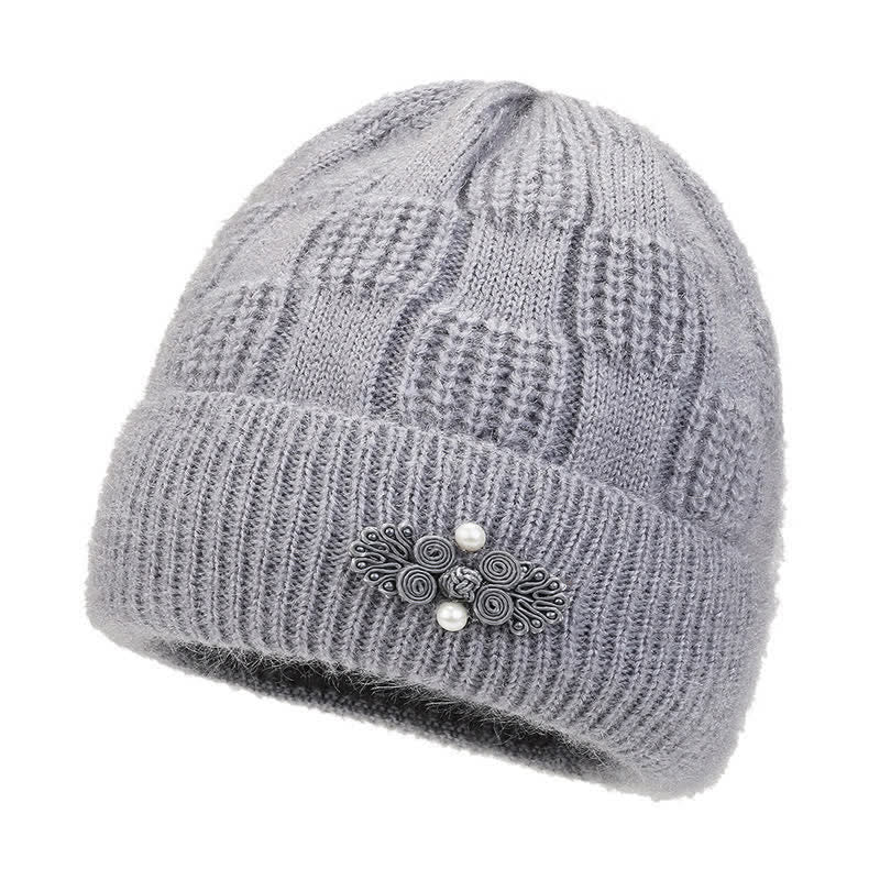 Buddha Stones Geribbelde gebreide damesmuts met bloemenprint voor de herfst en winter, gevoerd met fleece en verdikt. - Donkergrijs - image 0