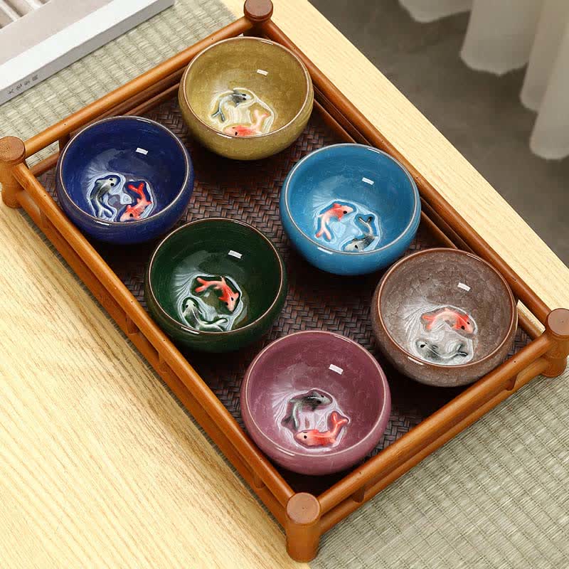 Buddha Stones Keramische theekop met koivissenmotief en craqueléglazuur, geschikt voor Gongfu Theekopje. - image 0