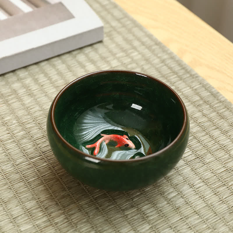 Buddha Stones Keramische theekop met koivissenmotief en craqueléglazuur, geschikt voor Gongfu Theekopje. - Groente - image 1