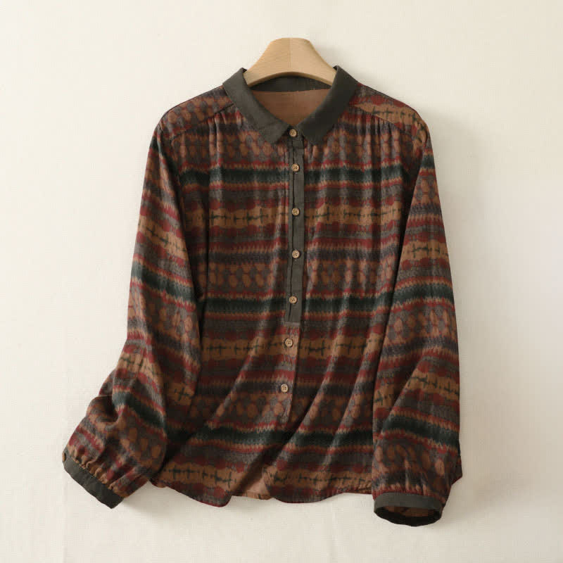 Buddha Stones Casual retro overhemden met knoopsluiting en Overhemden voor dames met Lange mouw voor de herfst - Zadelbruin - US4-16, UK/AU8-20, EU36-48 (F) - image 0