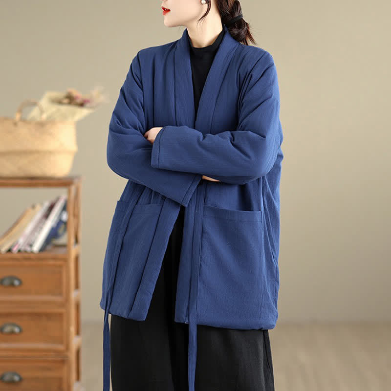 Buddha Stones Casual minimalistische effen dameskimono met Zakken voor de herfst en winter - image 16