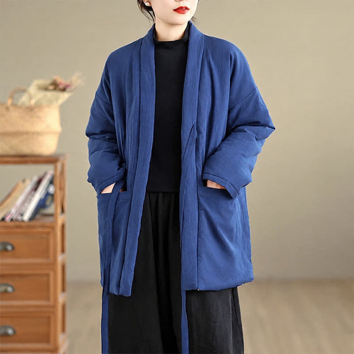 Buddha Stones Casual minimalistische effen dameskimono met Zakken voor de herfst en winter - image 12