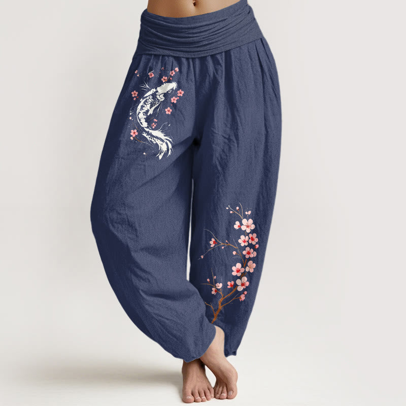 Buddha Stones Harembroek voor dames met elastische Taille en koi-bloementakpatroon , 100% Cotton. - Donker leisteenblauw - US16, UK/AU20, EU48 (3XL) - image 5