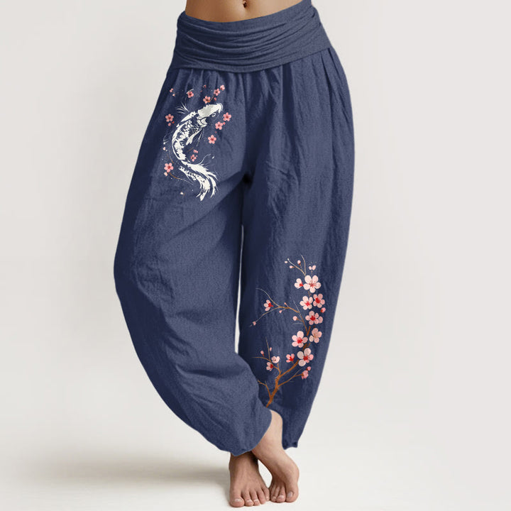 Buddha Stones Harembroek voor dames met elastische Taille en koi-bloementakpatroon , 100% Cotton. - Donker leisteenblauw - US16, UK/AU20, EU48 (3XL) - image 5