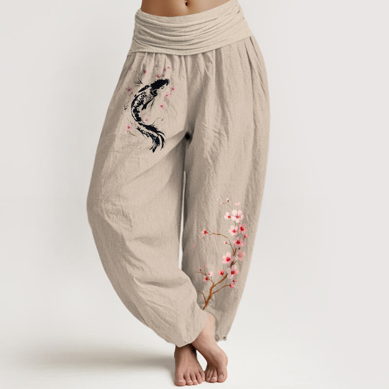 Buddha Stones Harembroek voor dames met elastische Taille en koi-bloementakpatroon , 100% Cotton. - Bruinen - US16, UK/AU20, EU48 (3XL) - image 11