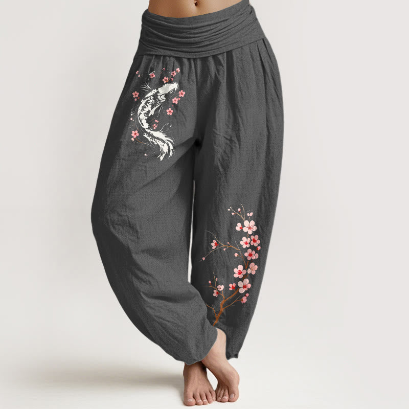 Buddha Stones Harembroek voor dames met elastische Taille en koi-bloementakpatroon , 100% Cotton. - Donkergrijs - US16, UK/AU20, EU48 (3XL) - image 8