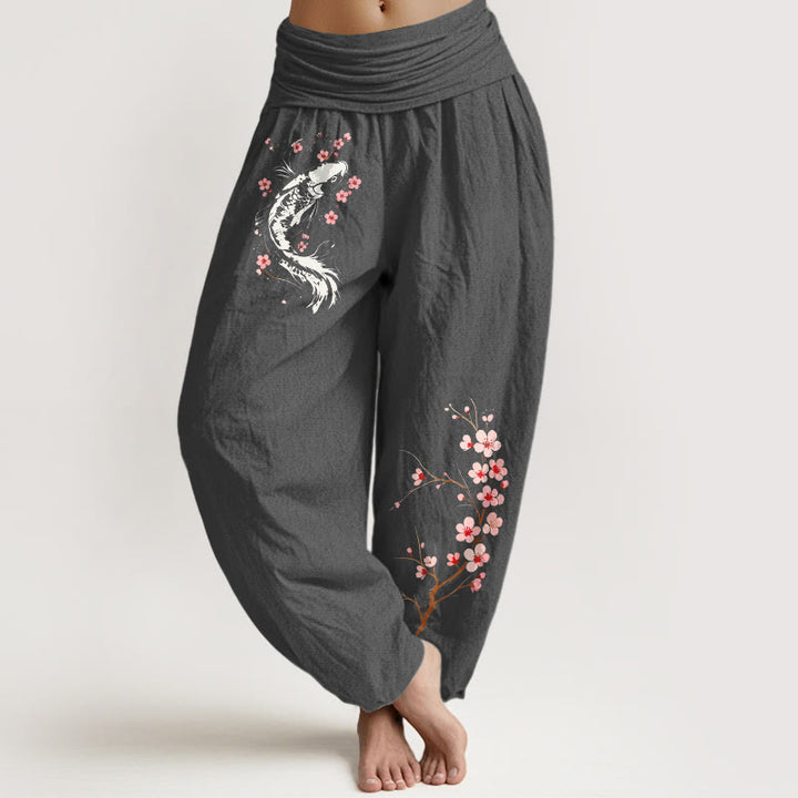 Buddha Stones Harembroek voor dames met elastische Taille en koi-bloementakpatroon , 100% Cotton. - Donkergrijs - US16, UK/AU20, EU48 (3XL) - image 8