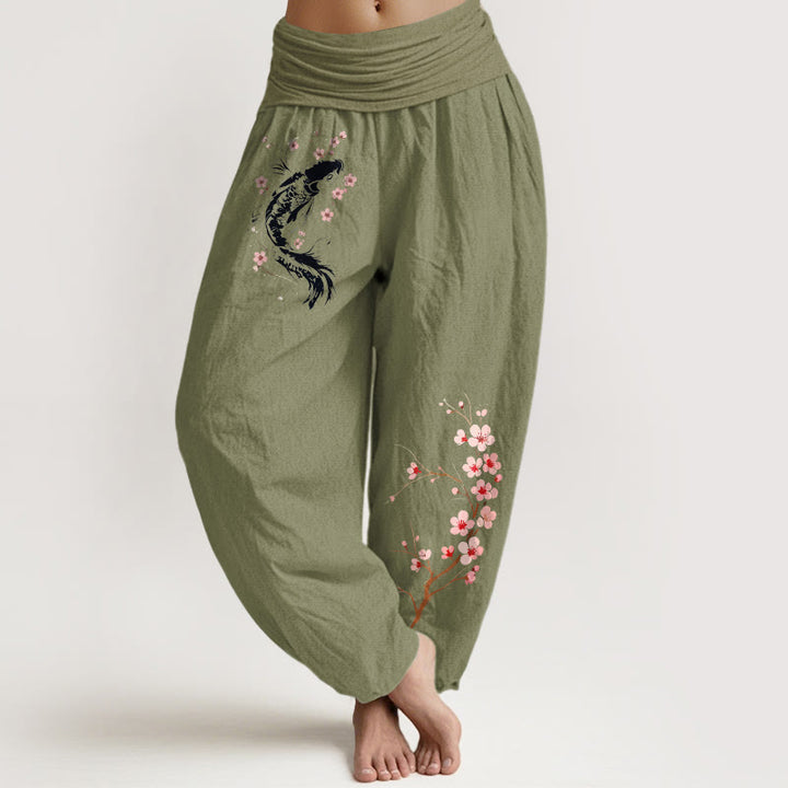 Buddha Stones Harembroek voor dames met elastische Taille en koi-bloementakpatroon , 100% Cotton. - Olijfgroen - US16, UK/AU20, EU48 (3XL) - image 14