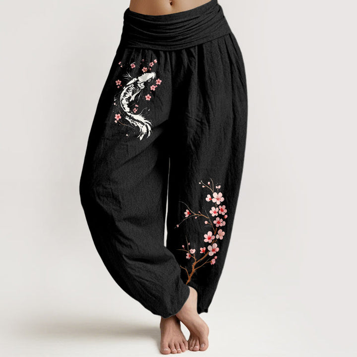 Buddha Stones Harembroek voor dames met elastische Taille en koi-bloementakpatroon , 100% Cotton. - Zwart - US16, UK/AU20, EU48 (3XL) - image 0