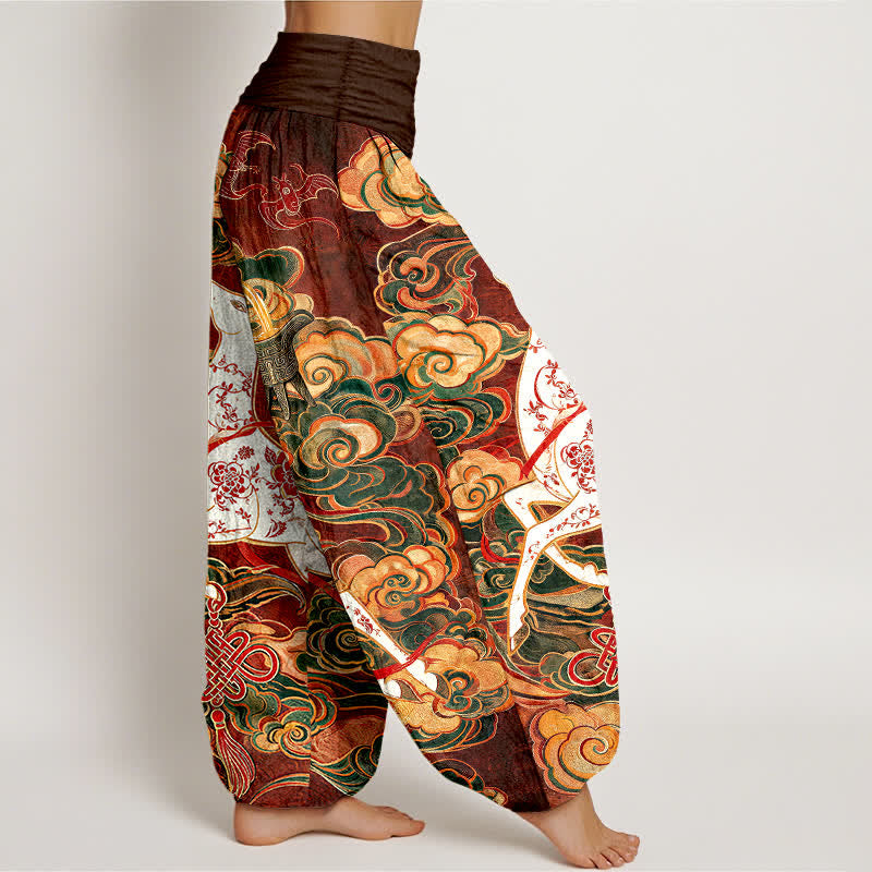 Buddha Stones Dames harembroek met elastische Taille en sierlijk, gelukbrengend wolk- en Chinees knoopmotief. - image 2