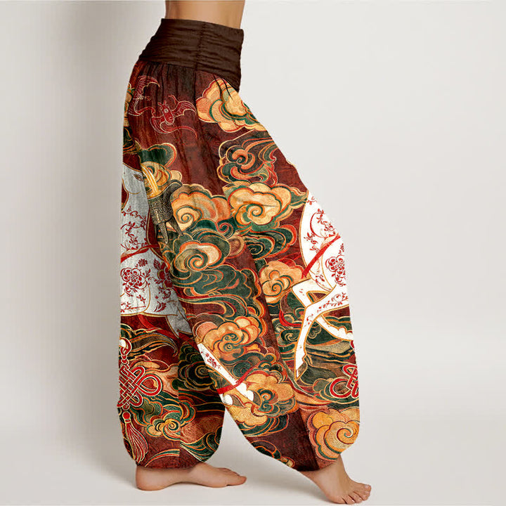 Buddha Stones Dames harembroek met elastische Taille en sierlijk, gelukbrengend wolk- en Chinees knoopmotief. - image 2