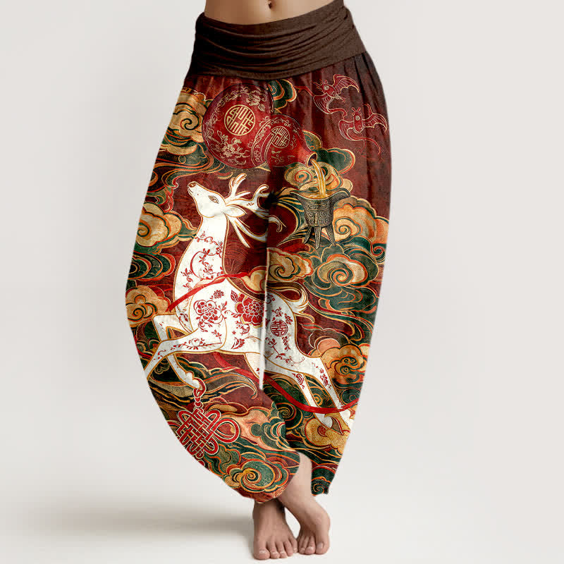 Buddha Stones Dames harembroek met elastische Taille en sierlijk, gelukbrengend wolk- en Chinees knoopmotief. - Bruin - US16, UK/AU20, EU48 (3XL) - image 0