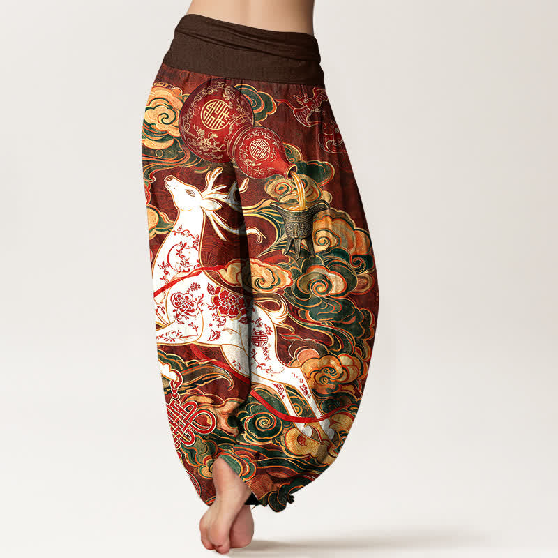 Buddha Stones Dames harembroek met elastische Taille en sierlijk, gelukbrengend wolk- en Chinees knoopmotief. - image 1