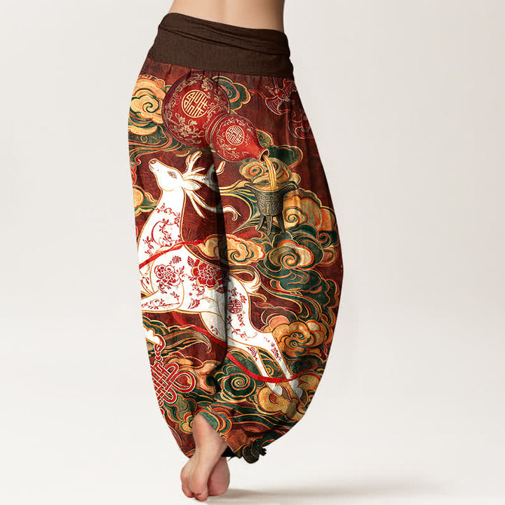 Buddha Stones Dames harembroek met elastische Taille en sierlijk, gelukbrengend wolk- en Chinees knoopmotief. - image 1
