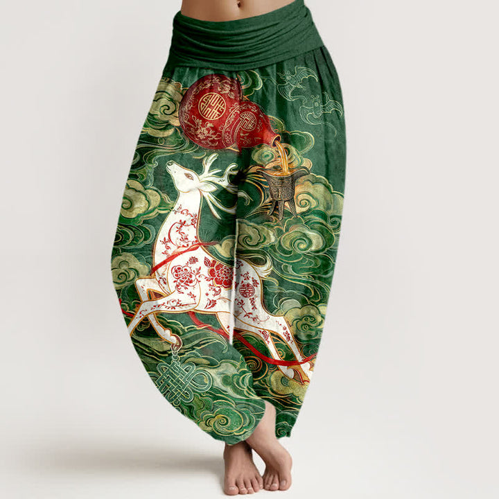 Buddha Stones Dames harembroek met elastische Taille en sierlijk, gelukbrengend wolk- en Chinees knoopmotief. - Donkergroen - US16, UK/AU20, EU48 (3XL) - image 5