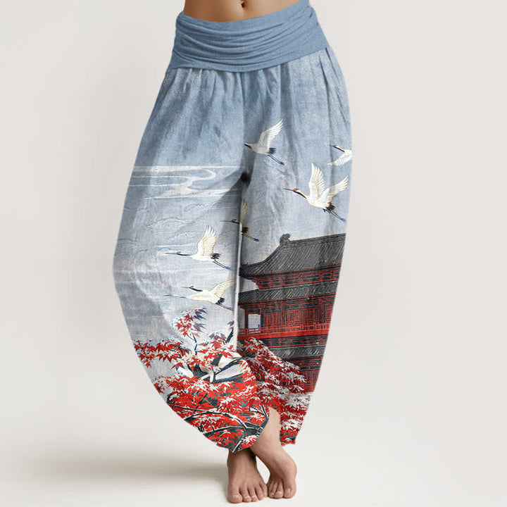 Buddha Stones Dames harembroek met elastische Taille en schilderachtig paviljoen-vogelpatroon. - Lichtstaalblauw - US16, UK/AU20, EU48 (3XL) - image 0