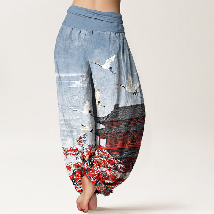 Buddha Stones Dames harembroek met elastische Taille en schilderachtig paviljoen-vogelpatroon. - image 1
