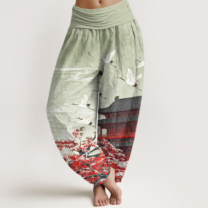 Buddha Stones Dames harembroek met elastische Taille en schilderachtig paviljoen-vogelpatroon. - Donkerzeegroen - US16, UK/AU20, EU48 (3XL) - image 5