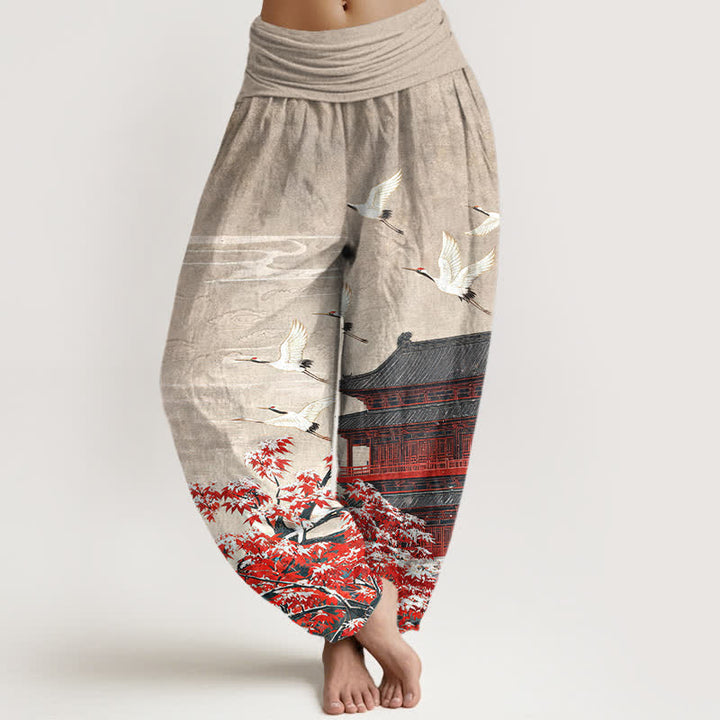 Buddha Stones Dames harembroek met elastische Taille en schilderachtig paviljoen-vogelpatroon. - Beige - US16, UK/AU20, EU48 (3XL) - image 8