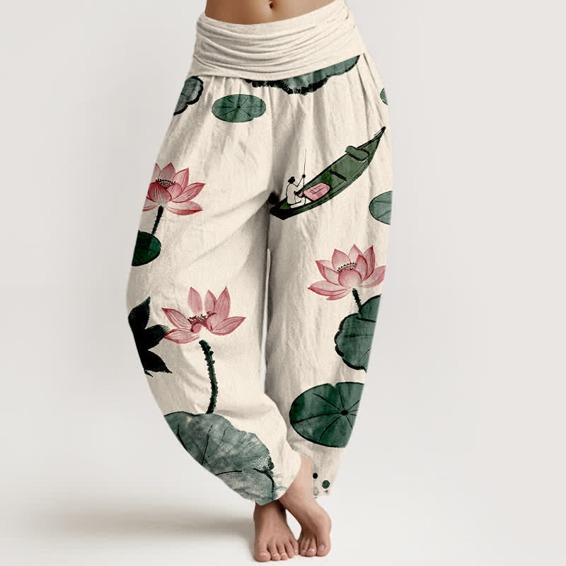 Buddha Stones Dames harembroek met elastische Taille en oosters lotuspatroon van katoen - Beige - US16, UK/AU20, EU48 (3XL) - image 0