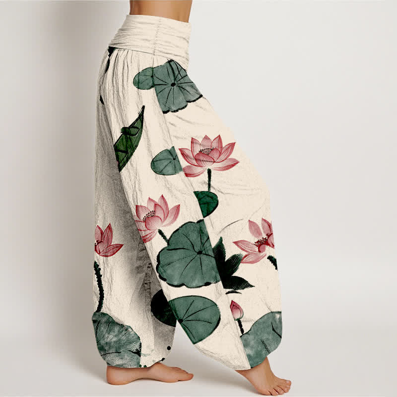 Buddha Stones Dames harembroek met elastische Taille en oosters lotuspatroon van katoen - image 2