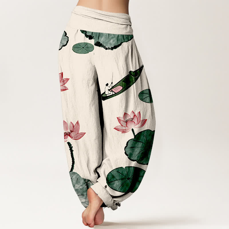 Buddha Stones Dames harembroek met elastische Taille en oosters lotuspatroon van katoen - image 1