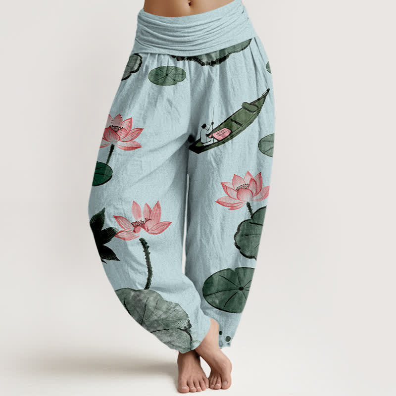 Buddha Stones Dames harembroek met elastische Taille en oosters lotuspatroon van katoen - Lichtblauw - US16, UK/AU20, EU48 (3XL) - image 5