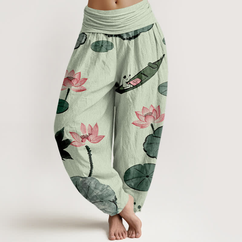 Buddha Stones Dames harembroek met elastische Taille en oosters lotuspatroon van katoen - Donkerzeegroen - US16, UK/AU20, EU48 (3XL) - image 8