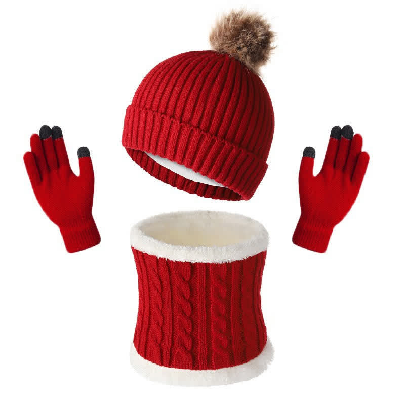 Buddha Stones Herfst/Winter Geribbelde Gebreide Sjaal met Pompon, Comfortabele Damesmuts en Handschoenen - Rood - image 10