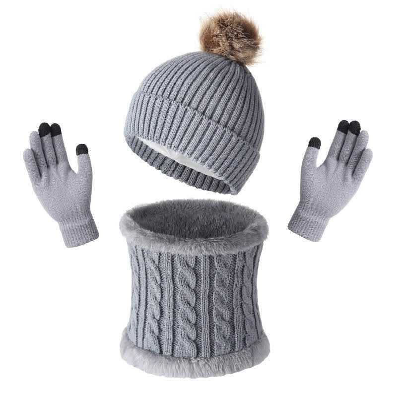 Buddha Stones Herfst/Winter Geribbelde Gebreide Sjaal met Pompon, Comfortabele Damesmuts en Handschoenen - Grijs - image 0