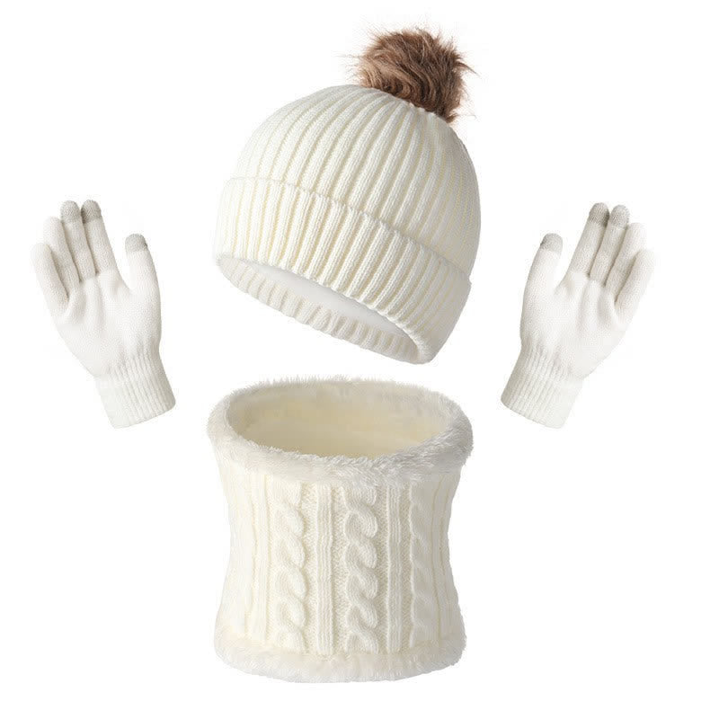 Buddha Stones Herfst/Winter Geribbelde Gebreide Sjaal met Pompon, Comfortabele Damesmuts en Handschoenen - Wit - image 13