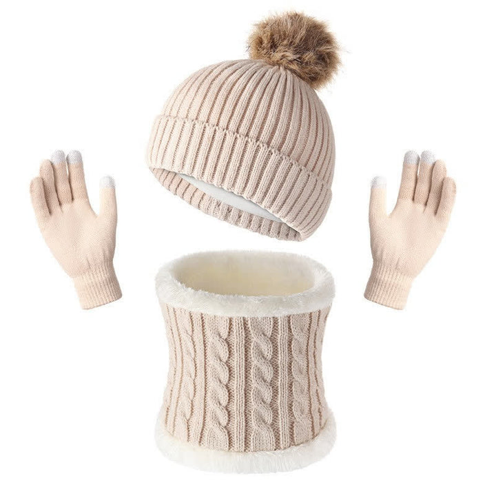 Buddha Stones Herfst/Winter Geribbelde Gebreide Sjaal met Pompon, Comfortabele Damesmuts en Handschoenen - Beige - image 7