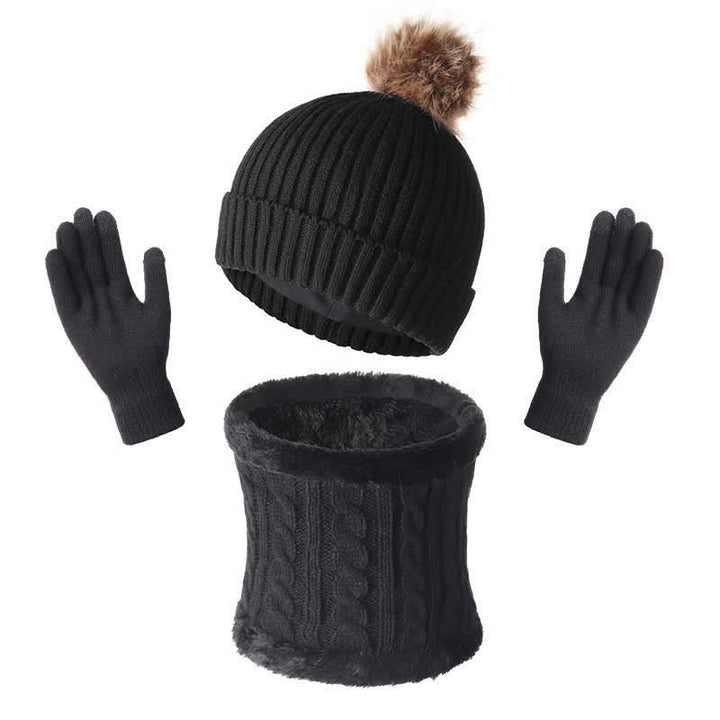 Buddha Stones Herfst/Winter Geribbelde Gebreide Sjaal met Pompon, Comfortabele Damesmuts en Handschoenen - Zwart - image 4