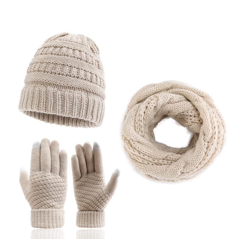 Buddha Stones Herfst/Winter Kabelgebreide Muts Sjaal Handschoenen Set Damesmuts - Beige - image 0