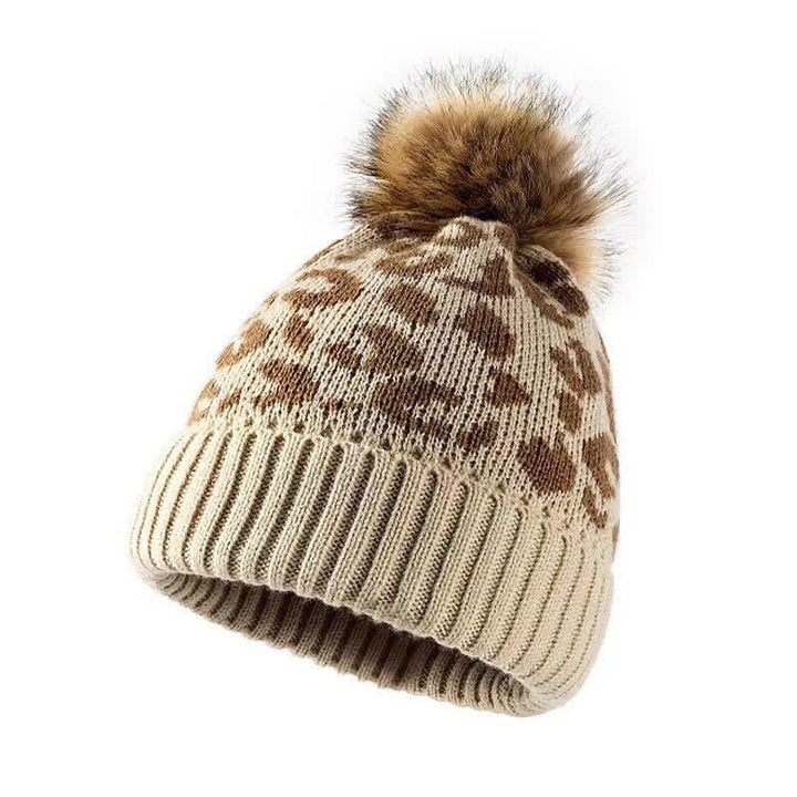 Buddha Stones Damesmuts met luipaardprint en pompon, geribbeld gebreid, voor de herfst/winter. - Beige - image 0