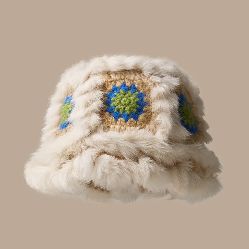 Buddha Stones Pluche dameshoed met geometrische bloemenborduursels voor de herfst en winter - Ivoor - image 1