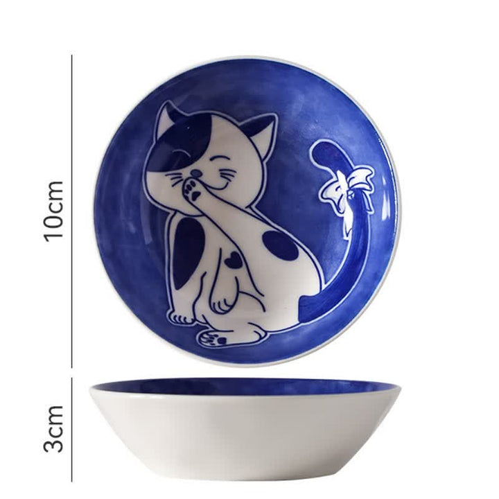 Buddha Stones Blauw-witte keramische ronde sauskom met speelse kat - Lachen - image 5