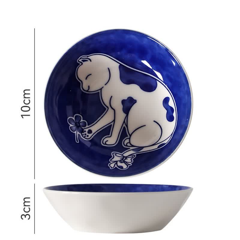 Buddha Stones Blauw-witte keramische ronde sauskom met speelse kat - Bloemen plukken - image 1