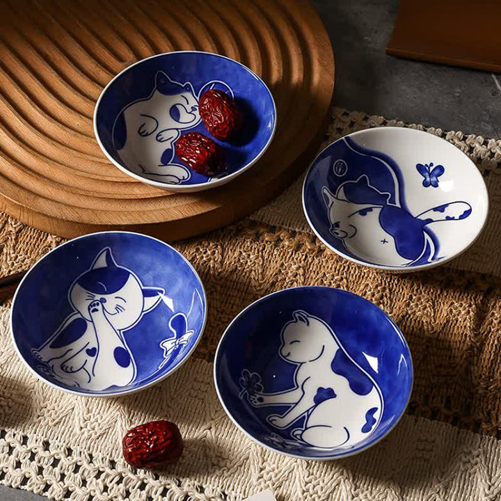 Buddha Stones Blauw-witte keramische ronde sauskom met speelse kat - image 17
