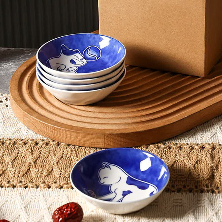Buddha Stones Blauw-witte keramische ronde sauskom met speelse kat - image 14