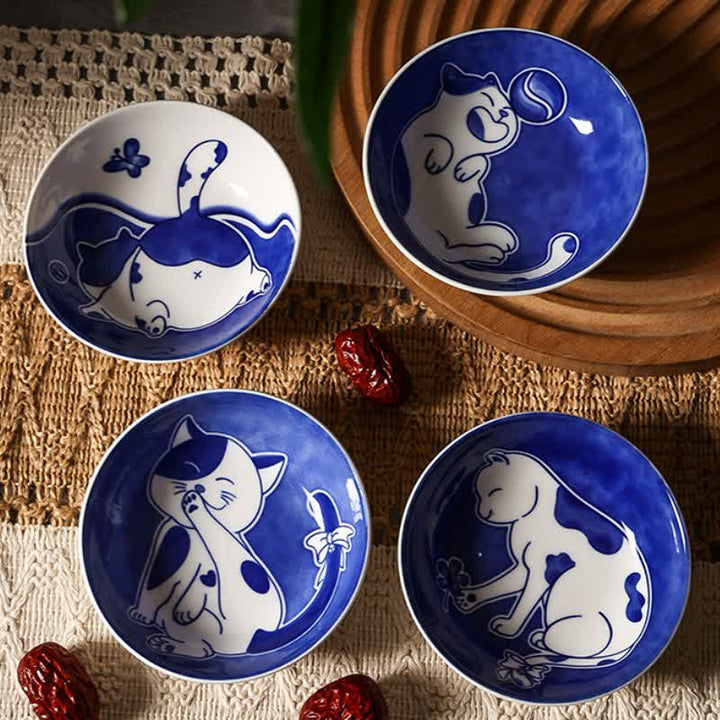 Buddha Stones Blauw-witte keramische ronde sauskom met speelse kat - 4-delige set - image 13