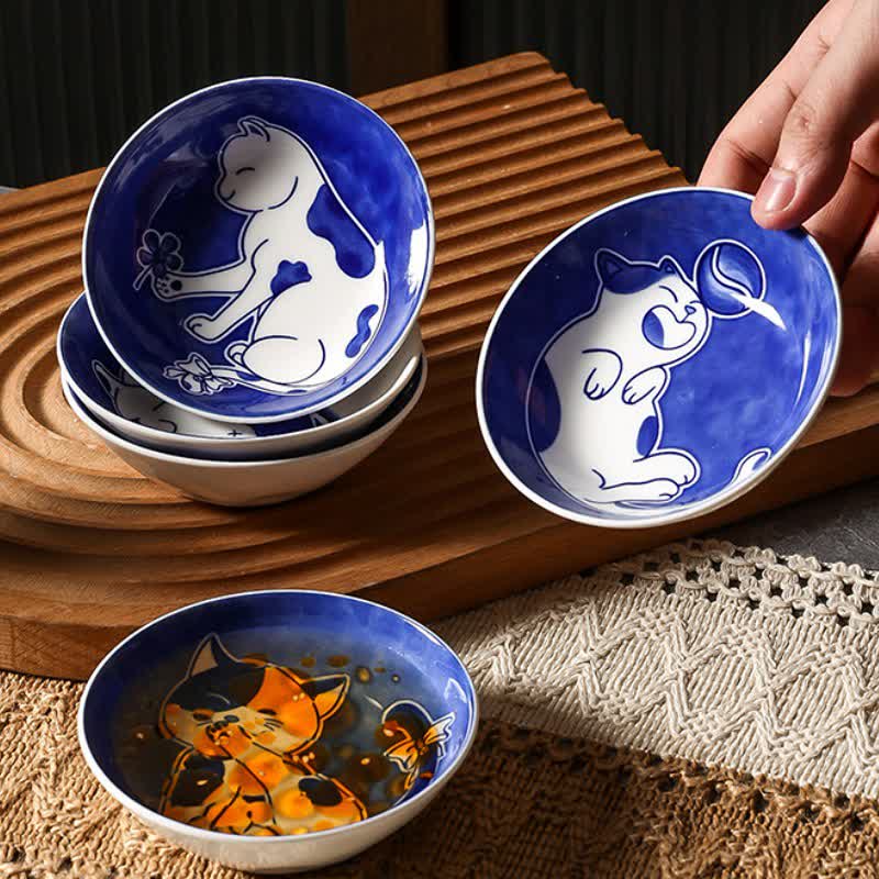 Buddha Stones Blauw-witte keramische ronde sauskom met speelse kat - image 11