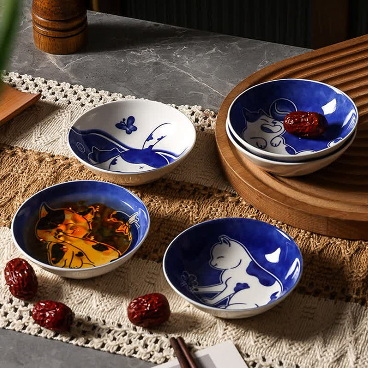 Buddha Stones Blauw-witte keramische ronde sauskom met speelse kat - image 15