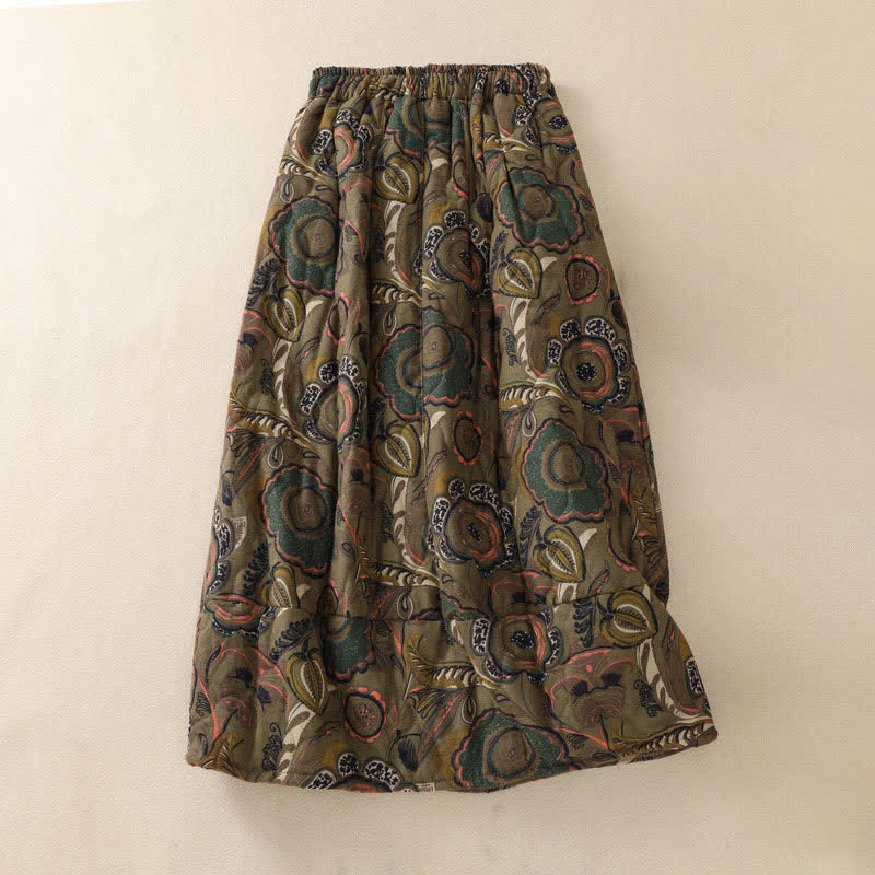 Buddha Stones Retro elegante damesrok met bloemenprint en Zakken voor de herfst/winter. - Donker olijfgroen - US6, UK/AU10, EU38 (XL) - image 0