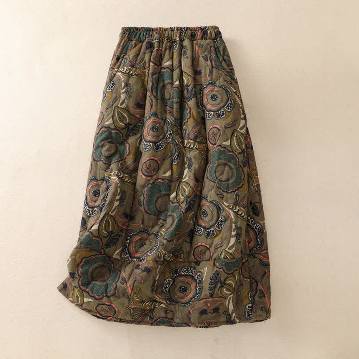 Buddha Stones Retro elegante damesrok met bloemenprint en Zakken voor de herfst/winter. - image 1